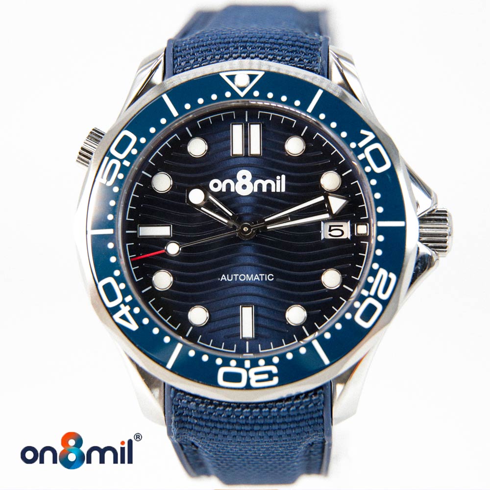 Custom made On8mil Automatic watch with canvas wrist band - Omega Seamaster style with NH35 movement
